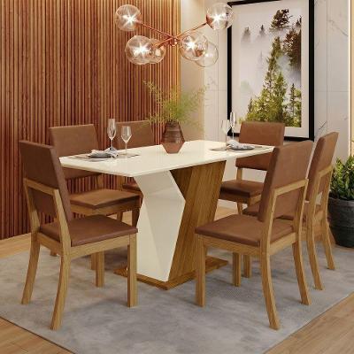 Conjunto Sala de Jantar Layla Diamond 6 Lugares Tampo MDF Cadeiras Corino Caramelo 160CM Casa 812