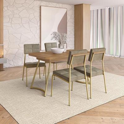 Conjunto Sala de Jantar Belle 4 Lugares Tampo MDP Cadeiras Tecidos Premium Dourado 130CM Móveis