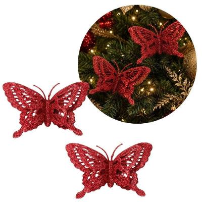 Enfeite Natalino Borboleta Natalina Decorativa com Glitter Vazado Vermelho Yangzi 9CM