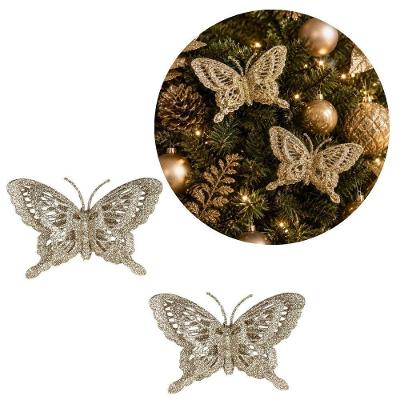 Enfeite Natalino Borboleta Natalina Decorativa com Glitter Vazado Acetinado Dourado Yangzi 9CM