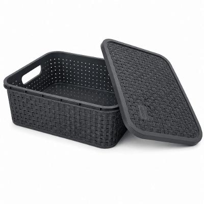 Cesto Organizador Caixa Rattan com Tampa Polipropileno Multiuso para Banheiro Quarto Chumbo Nitron