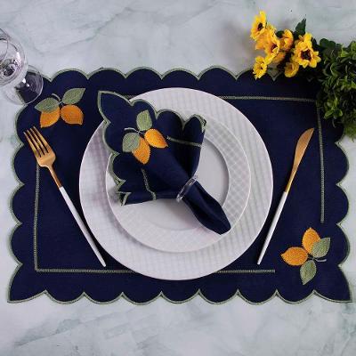 Kit Jogo Americano e Guardanapo Bordado Poliéster Elegante Azul Marinho Casa Scarpa 50CM