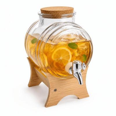 Barril Dispenser de Bebidas 3L em Vidro com Torneira e Suporte de Madeira para Festas Transparente