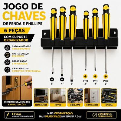 Jogo de Chaves 6 Peças com Pontas Fenda e Phillips Cabo Anatômico Suporte Organizador Amarelo Bivolt