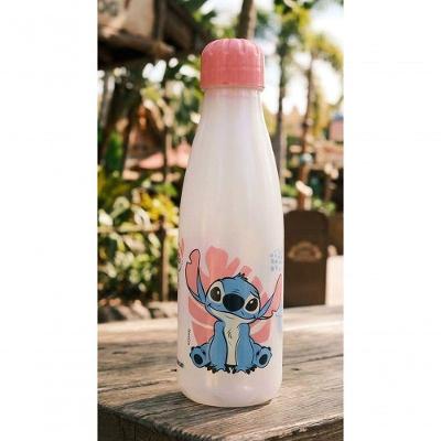 Garrafa de Água Squeeze Paris Stitch Fofo 600ML com Tampa Rosca Branca e Rosa PET Resistente
