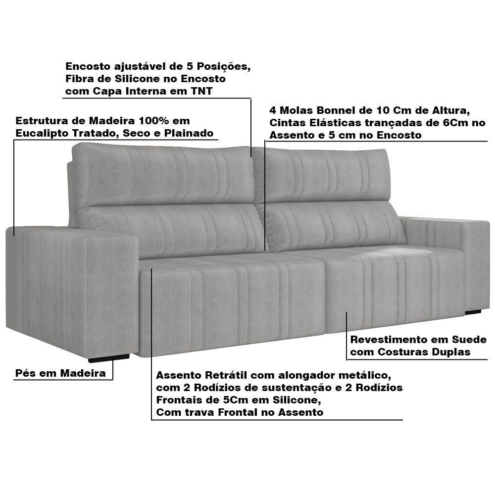 Sofá Retrátil 254cm Leonel Suede Cinza Gran Belo - 4
