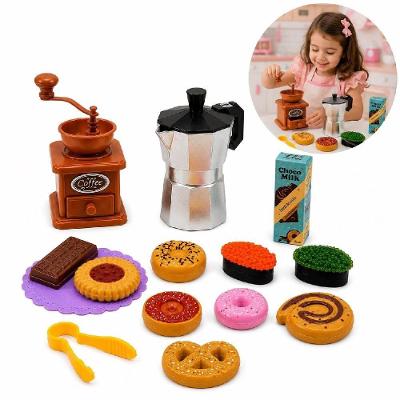 Kit Hora do Café Infantil com Moedor e Cafeteira Italiana Brinquedo 14 Peças Plástico Resistente
