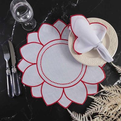 Kit Jogo Americano Redondo com Guardanapo Bordado Poliéster Mesa Girassol Branco e Vermelho Casa