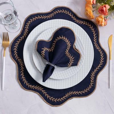 Jogo Americano Paris com Guardanapos Bordado Dourado Poliéster para Mesa de Jantar Azul Casa Scarpa