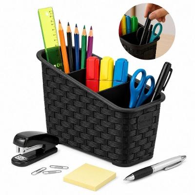 Organizador de Mesa Multiuso 3 Divisórias Plástico Estilo Rattan para Escritório Cozinha Preto