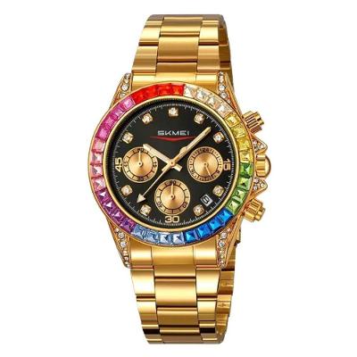 Relógio Masculino 2352 Cronógrafo com Mostrador de Diamante Pulseira Aço Inox Dourado Skmei