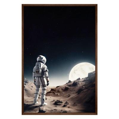 Quadro Decorativo Astronauta e Lua Retangular 40x60CM com Moldura de Madeira Marrom Arte na Arte