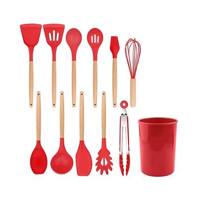 Jogo de Cozinha 12 Peças Utensílios de Silicone com Cabo de Madeira Antiaderente Vermelho Aquilae