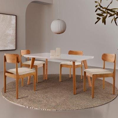 Sala de Jantar Malta - Star 4 Lugares Tampo MDF Cadeiras Madeira Off White 120CM Moderna