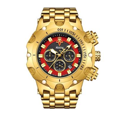 Relógio Masculino Yalalusi Multifuncional com Pulseira Dourada Mostrador Vermelho Emaús