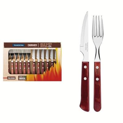 Jogo de Churrasco Polywood 12 Peças Aço Inox e Madeira Tratada Cabo Resistente a Temperatura Alta