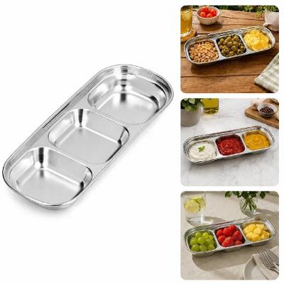 Prato Dividido Inox 304 com 3 Divisórias Multiuso para Molhos Petiscos e Frios Aço Inoxidável