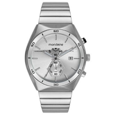 Relógio Masculino Cronógrafo Mostrador Camadas Aço Inox Prata Mondaine 46MM