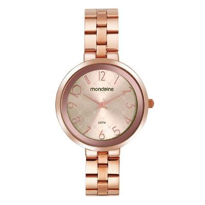 Relógio Feminino Rosé com Detalhes no Mostrador Analógico Aço Inox Folheação Rosê Mondaine