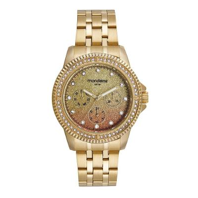 Relógio Feminino Glitter Dourado Clássico em Aço Inox com Cristais Mondaine 40MM