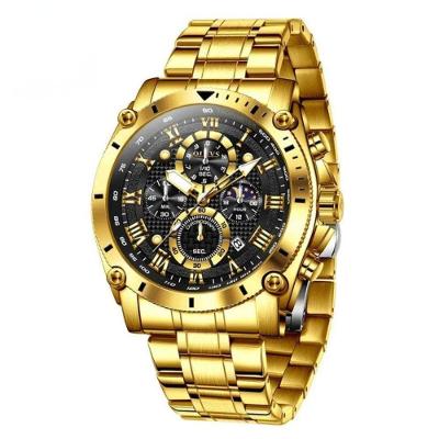 Relógio de Pulso Masculino Fase da Lua Cronógrafo Aço Inox Multifuncional Dourado Olevs