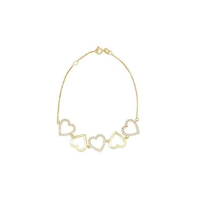 Pulseira Ouro Com Corações Lisos E Cravejados Intercalados L 12
