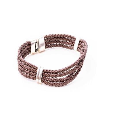 Pulseira Prata Masculina Com Fios Trançados De Couro Vd 165