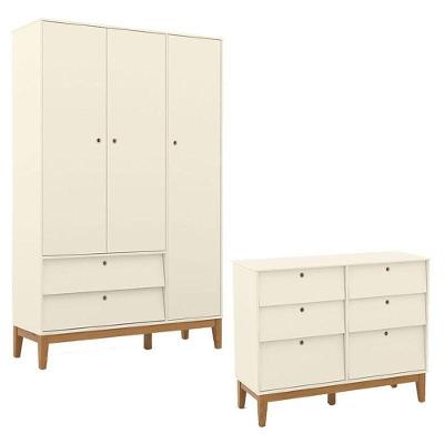 Cômoda 6 Gavetas e Guarda Roupa 3 Portas Unique em MDF Off White Eco Wood