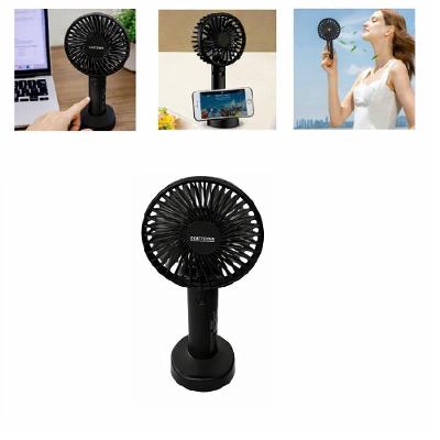 Ventilador Portátil 3 Pás 3 Velocidades Preto Mini USB Mão Recarregável com Suporte Celular 5V