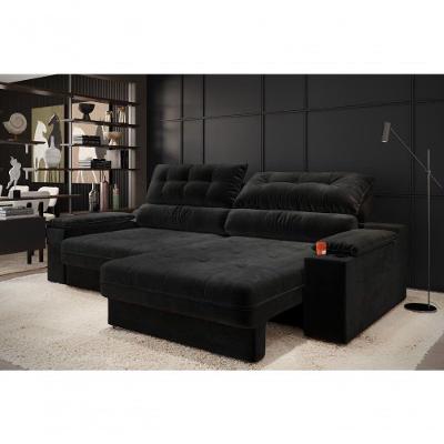 Sofá com Chaise Serena 4 Lugares Retrátil e Reclinável 233CM Preto Cia Lar