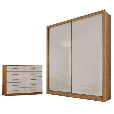 Guarda Roupa Solteiro Toledo 2 Portas Giratórias 7 Gavetas MDF Cumaru 25 Fendi com Cômoda