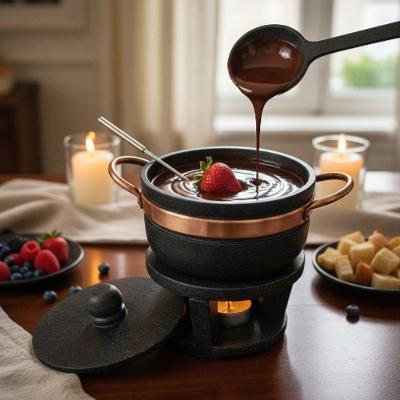 Conjunto Fondue Queijo e Chocolate Panela Pedra Sabão com Rechaud Cobre Durável Decorativo Preto
