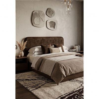 Cabeceira Estofada Orgânica Queen na Parede MDF em Suede Esmeralda e Marrom Escuro