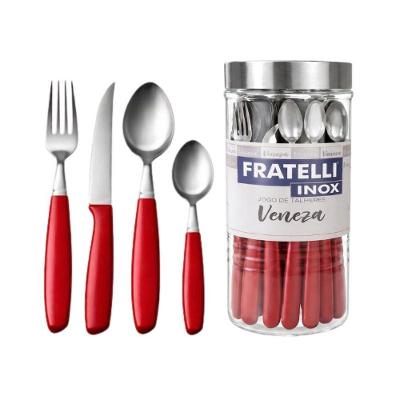 Faqueiro Veneza 24 Peças Aço Inox Polido para Mesa Vermelho com Pote de Vidro Fratelli