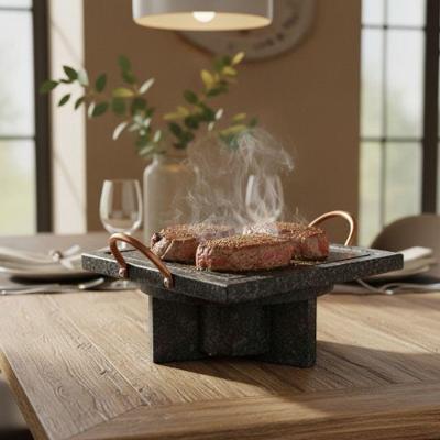 Fondue Pedra Sabão Chapa Quadrada 25CM + Rechaud em Pedra Sabão e Cobre para Cozinha Preto Cesto