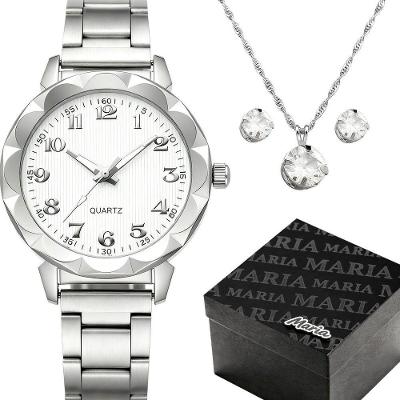 Kit Feminino Relógio Analógico Aço Inox com Colar e Brincos Prata Orizom Maria