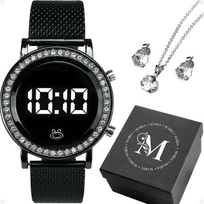 Kit Feminino Relógio Digital Maria com Pulseira de Silicone e Colar e Brincos Preto Orizom