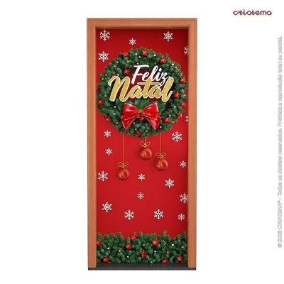 Capa de Porta Guirlanda Feliz Natal em Tecido Sublimado com Elástico Branco OEM 85CM