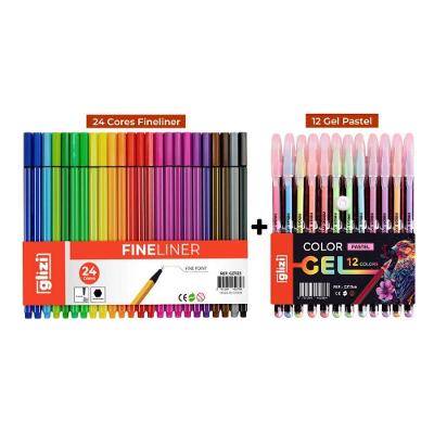 Kit Canetas OEM Glizi Fineliner 24 Cores + Gel Highlighter 12 Cores 36 Unidades