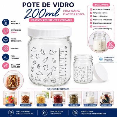 Pote de Vidro com Tampa Plástica Rosca e Medidor Multiuso para Alimentos Transparente 200ML