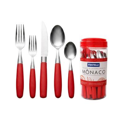 Faqueiro Mônaco 20 Peças Aço Inox Plástico Inox Polido para Mesa e Viagem Vermelho Fratelli
