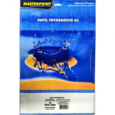 Papel Fotográfico Masterprint Glossy Brilhante A3 180G m2 Pacote 20 Folhas Branco