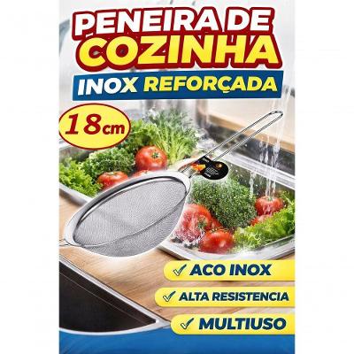 Peneira de Cozinha 18cm Inox para Coar Alimentos Aço Inox Resistente Malha Fina Cozinha Inox