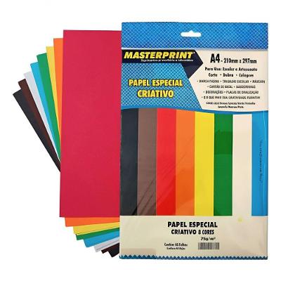 Papel Criativo Masterprint Multicolor Especial A4 75G 45 Folhas 8 Cores Azul Branco Laranja Verde