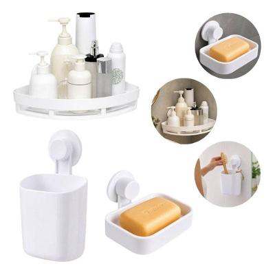 Kit Saboneteira + Suporte + Prateleira de Canto Plástico Instalação sem Furos para Banheiro Branco