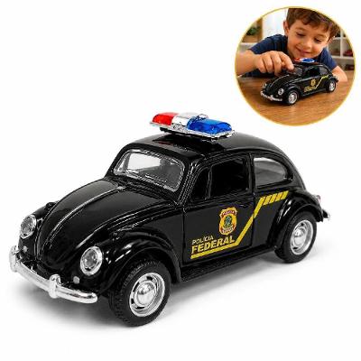 Miniatura Colecionável Fusca Polícia Federal com Fricção e Portas Que Abrem Preto