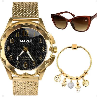 Relógio Feminino Analógico Maria Aço Inox com Óculos e Pulseira Preto Orizom