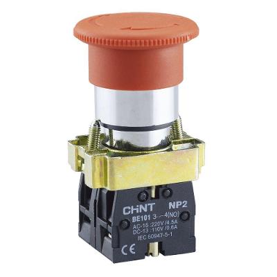 Botão de Emergência Chint NP2-BS545 1NA+1NF 22mm Bivolt Base Metálica Vermelho