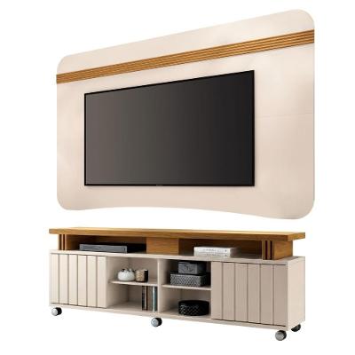 Rack Bancada Alpha Com Painel Psy Para Tv Até 80 Polegadas 1,80m Ripado Off White - Madeirado