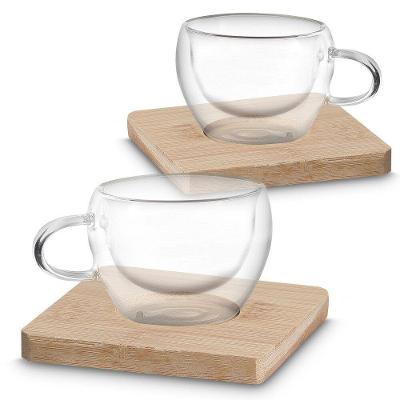 Kit 2 Xícaras Parede Dupla 60ML em Vidro Borossilicato com Suporte Bambu para Café Transparente
